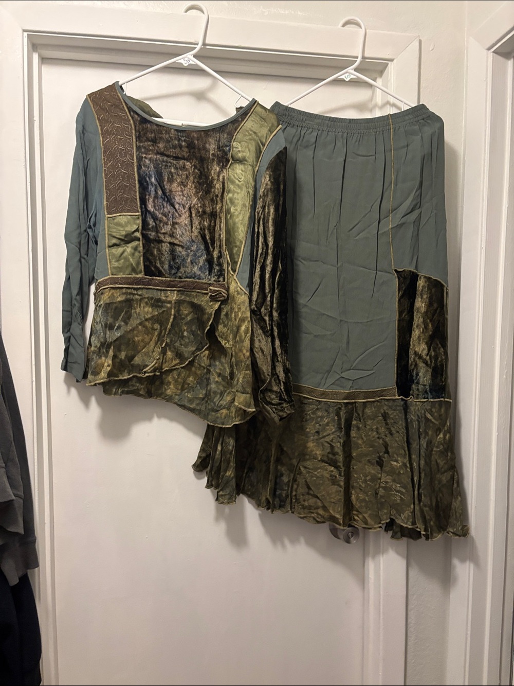 Midnight Velvet Olive Green Mixed-Media Maxi Skirt and top